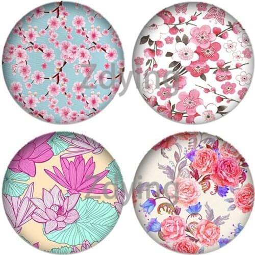 Zdying 10pcs Pink Flowers Round Glass Cabochon Art Picture Dome DIY Pendant For Base Tray Earrings Brooch Jewelry Findings