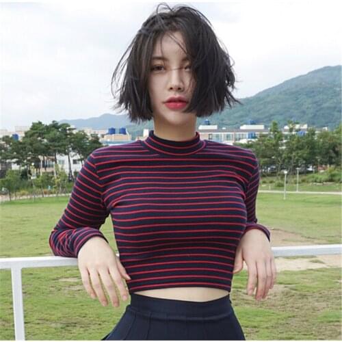 2021 Autumn Vintage Fashion Turtleneck Women T shirt Female Striped Sexy Crop Top Casual Long Sleeve Slim T-shirts 40952