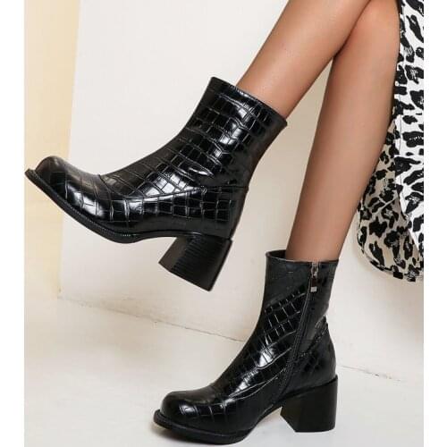 2021 Stone Pattern Female Short Boots Autumn Winter Large Size Zipper Comfortable Mid-Heel Women Shoes Faux Leather Ankle Boots