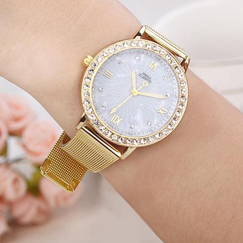 Women Fashion Rhinestone Roman Numerals clock Gold Plated Metal Mesh Band Wrist Watch reloj mujer Ladies Watch