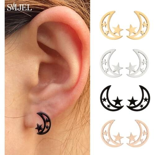 Black Stainless Steel Crescent Moon Earrings for Women Fashion Simple Hollow Moon Star Earrings Jewelry Girls Gift Pendientes