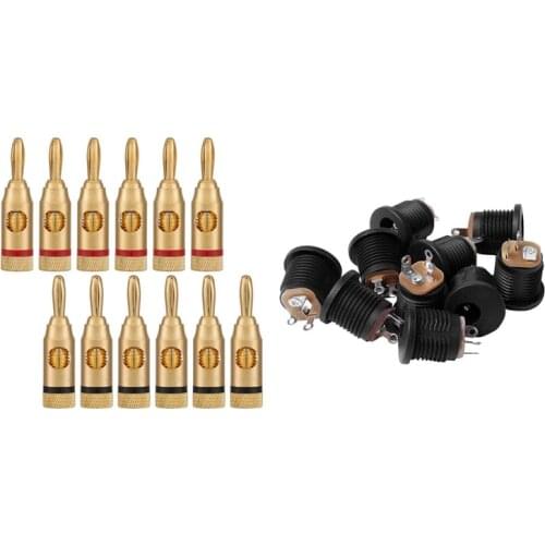 10 Pcs Panel Mount 2.1X5.5mm Power Jack DC Socket & 12 Pcs Gold-Plated Banana Plug or Connector (Open Screw Type)