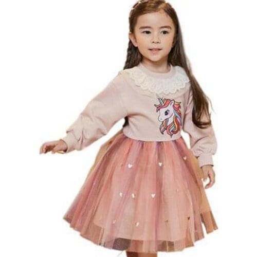 2021 Unicorn Toddler Girls Dresses Fashion Cartoon Childrens Clothing Autumn Splicing Kids Princess Dress 3-7 Years