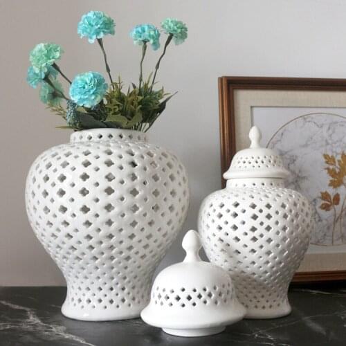 Nordic White Ceramic Storage Jar Hollow Vaseiving Room Decor Handicraft Flower Vase Flower Arrangement Container Home Decoration