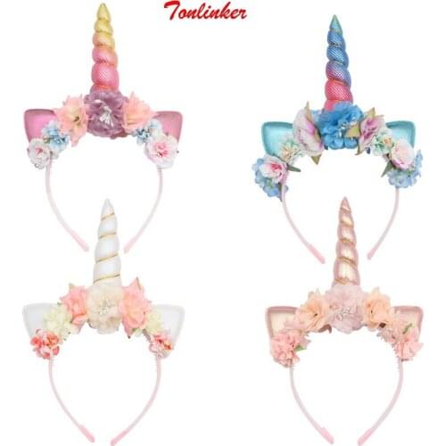 Girls Unicorn Handmade Boutique Simulation Bead Flower Cat Ears Hairhoop Hair Accessories Children Party Prom Hair Accessories