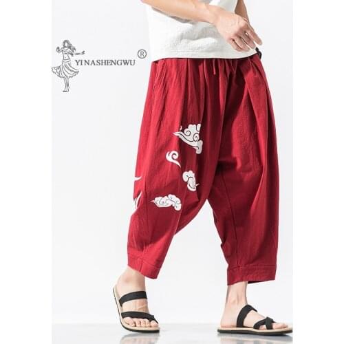 Japanese Kimono Men Print Pants Japan T-shirt Suits Traditional Loose Harem Clothing Harajuku Trouser Asian Yukata Style Costume