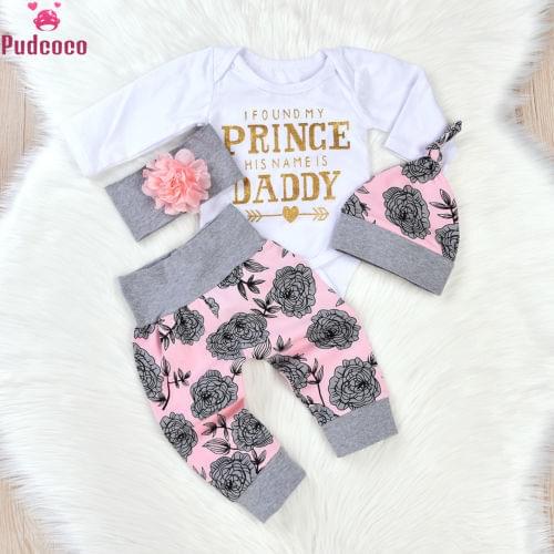 4Pcs Baby Girl Clothes Set Golden Letter Daddy Princess Girls T-shirt and Floral Long Pants +Headband +Hats Outfits Sets