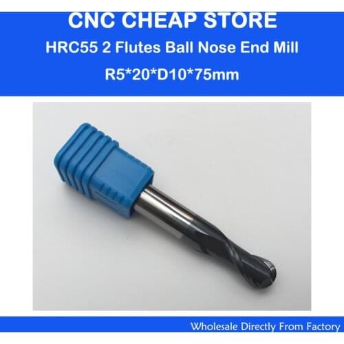 1pc 10mm NANO Coated 2 Two flutes Ball Nose HRC55 R5.0mm extra long length 75mm tungsten carbide end mill bit CNC milling cutter