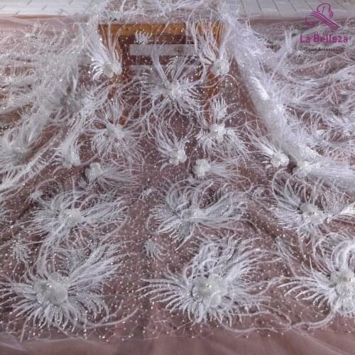 La Belleza New feather lace,off white beaded 3D flowers lace, luxury wedding/evening dress lace fabric 1 yard