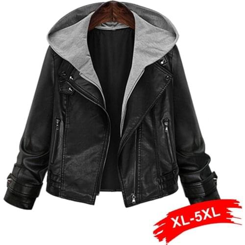 Plus Size Hooded PU Leather Jacket Coat Short Black Motorcycle Hoody Jacket 4Xl 5Xl Classic Basic Winter Jacket Women Outwear