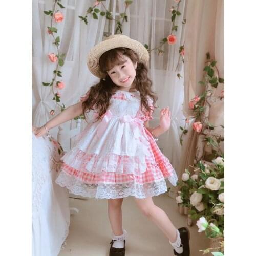 Summer Lolita Vintag Spanish Princess Pink Lace Plaid Bow Shortsleeve Ball Gown Dress For Baby Girls Birthday Party Turkey East