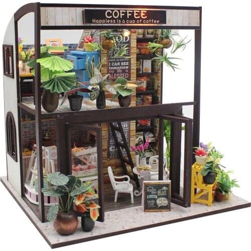 DIY Wooden Dollhouse Kit Miniature with Furniture Coffee Shop Cottage Casa Doll House Toys for Children Adults Xmas Gifts