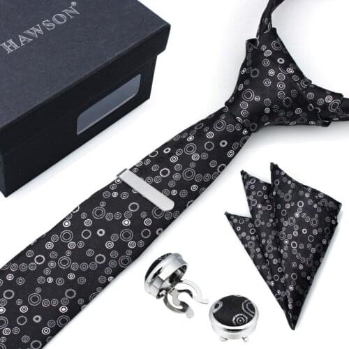 HAWSON Necktie Set with Silver Pattern in Black Pocket Square Tie-Clip and Button Cover Cuff-links for Birthday Wedding Party