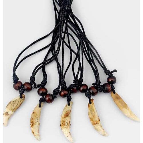 10pcs Black Wax Cotton Cord Real Wolf Tooth Teeth Pendant Necklace
