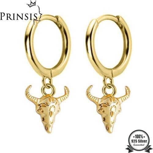 PrinSis Real 925 Sterling Silver Fashion Sweet Animal Cow Head Charm Hoop Earring For Women Wedding Party Fine Jewelry DA171