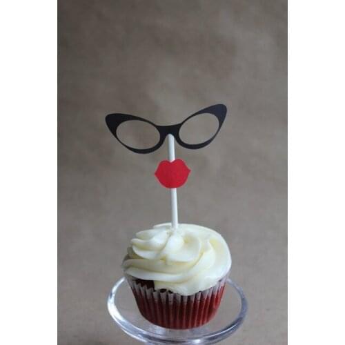 Retro Cat Eyeglasses and Lips Cupcake Toppers wedding birthday baby shower Party food picks free shipping photo boot decorations