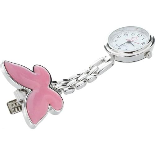 Pink Bowknot Quartz Movement Clip Nurse Brooch Fob Tunic Pendant Watch