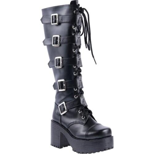 Angelic imprint New Arrival PU Leather Round Toe Punk style Lolita boots Knee Lace Up High Boots Stars Lolita Shoes Size 35-39