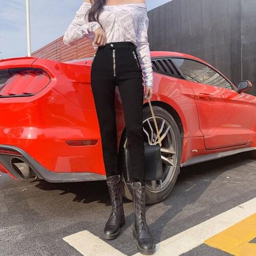 2021Spring Autumn Jeans Womens High-Waisted Skinny Jeans Pencil Denim Pants Black Zipper Metal Ring Slim Iong Pants Female