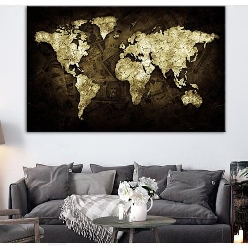 Vintage Money World Map Wall Posters And Prints Modern Home Decorative Map Canvas Paintings For Living Room Wall Decor Pictures