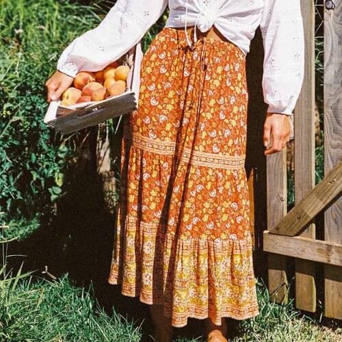 Vintage Chic Hippie Women Skirt Floral Printed High Elastic Waist Beach Bohemian Skirts Long Ladies A-Line Boho Skirt saia