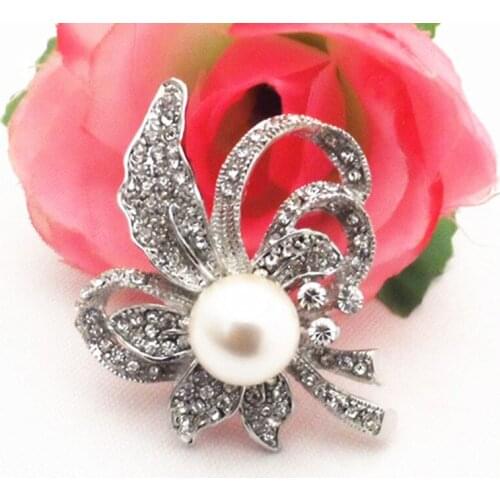 Top Quality Clear Crystal Pretty Flower Pearl Brooch Pin Wedding Bride Bouquet Brooch