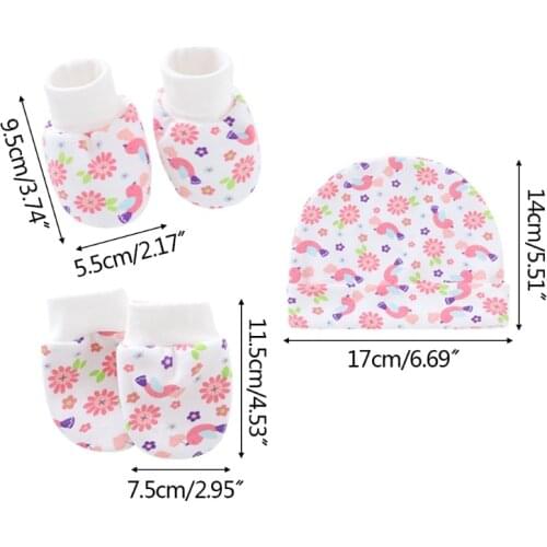 W3JF Baby Cartoon Anti-scratch Gloves Hat Foot Cover Set Cotton Mittens Beanie