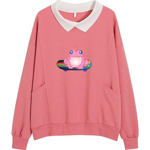 Pink Frog Skateboard Hoodie Cotton Sweatshirt Women Aesthetic Hoodies Casual Loose Sweatsuit with Pocket All-match Korean Tops