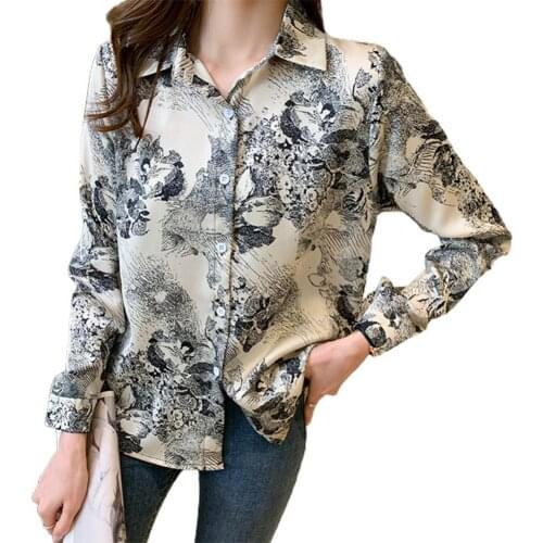 Women Shirt Elegant Ink Print Single-breasted Autumn Female Shirts Lapel Long Sleeve Blouses Lady Shirt Top Streetwear