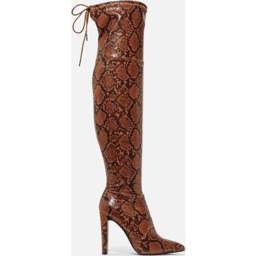 Back Lace-up Heeled Boots Over The Knee Snake Skin High Heel Runway Ladies Shoes Pointy Toe Cold Leather Boots Size 10 Handmade