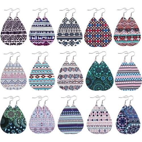 Faux Leather Earrings for Women Weatern Style Boho Ethnic Printing Water Drop Earrings Jewelry Accessories Trendy Girl Gifts