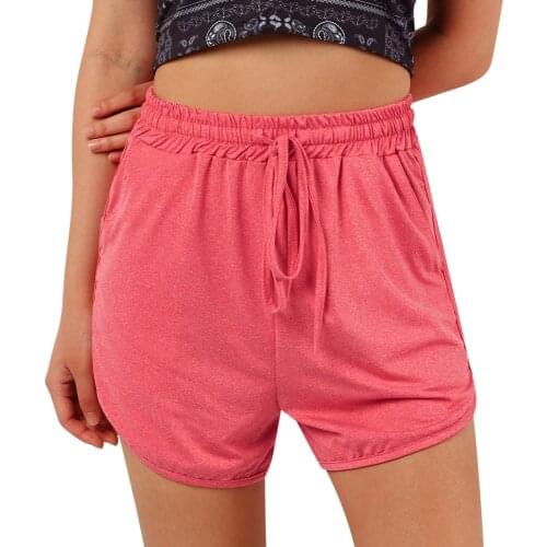 Women Running Sports Shorts Solid Color High Waist Drawstring Short Pants with Pockets for Summer Workout Fitness Female Bottoms