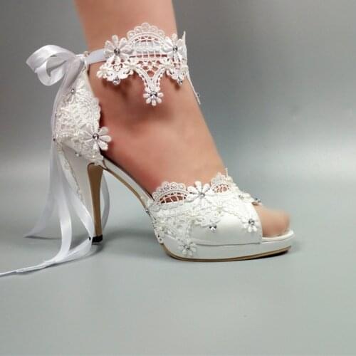 Womens wedding shoes New arrival Peep Toe white lace-Up shoes Two-piece Ladies party dress shoes woman 5cm/8cm/10cm High heel