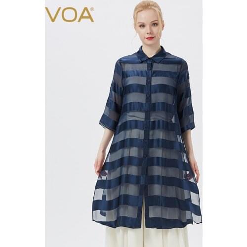 VOA silk stitching perspective Joes yarn wide horizontal gold line square collar single-row button mid-sleeve long coat WJ57