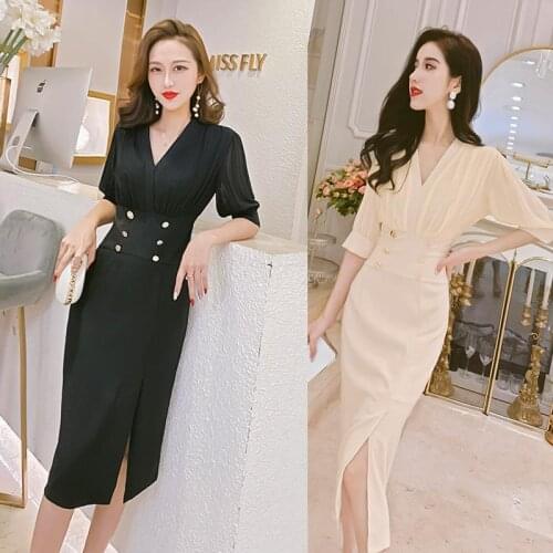 Women 2020 Summer V-Neck Elegant Half Sleeve Slimming Chiffon Dress Female Slim Waist Split Solid Clothing Dresses Vestidos Y302