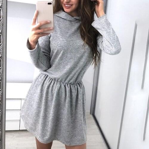 Hot in Europe and America 2020 Autumn Winter Women Solid Color Casual Fashion Long Sleeve Hooded High Waist Knit Dress