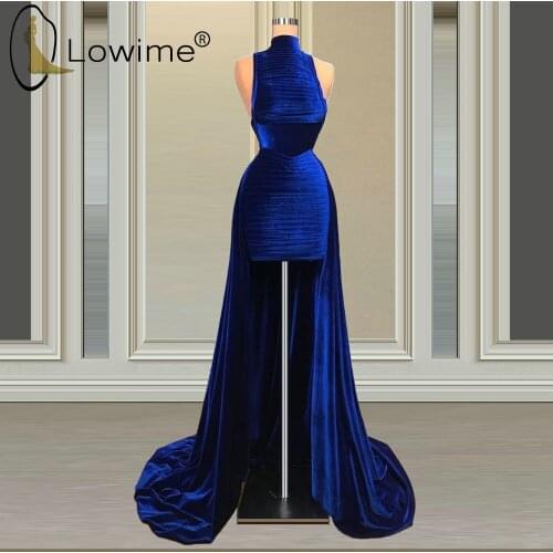 2021 Elegant Royal Blue Prom Dresses High Neck Velvet Prom Party Gowns Custom Made Formal Dresses
