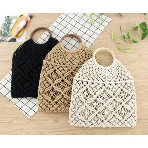 Aaby Wood Handle Cotton Made Beach Bag Fashion Hollow Out Rope Net Bags Summer Beach Bags