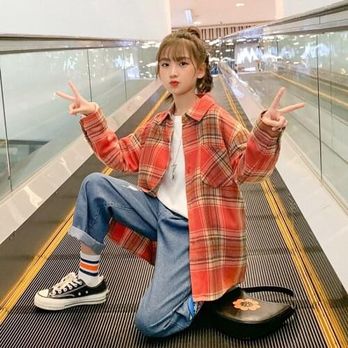 Teenage Girls Blouses 2021 Spring Plaid School Kids Shirt For Girl Long Sleeve Turn Down Collar Cotton Tops Childrens Shirts