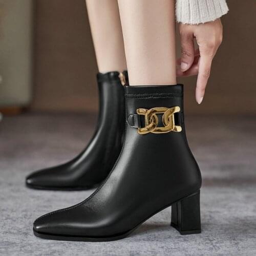 Black Beige Square High Heel Women Ankle Boots Fashion Zipper Metal Decoration Short Boots Lady Pointed Toe Autumn Winter Shoes