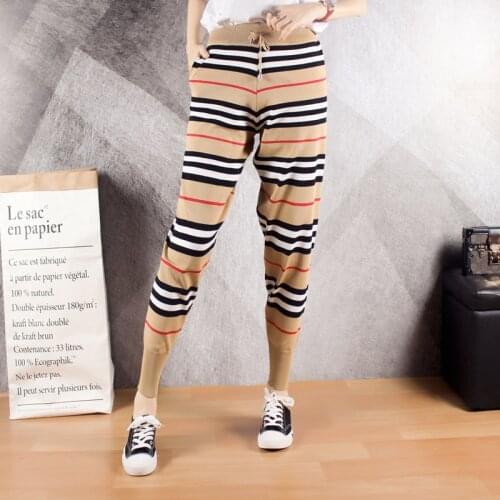 2021 Summer TRF Women Classic Vintage Black White Striped Knitted Harem Pants Casual Y2K Drawstring Femme Capri-Pants Trousers