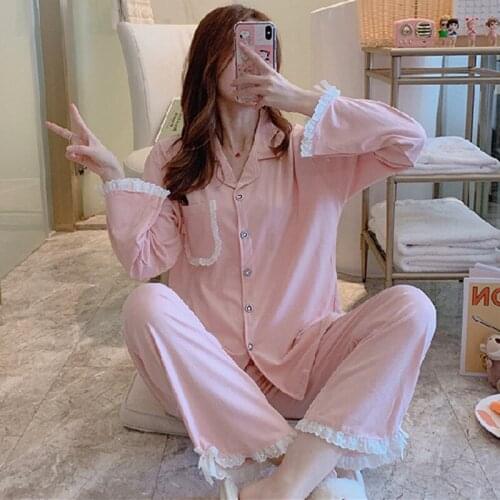 Long Sleeve Trousers Sweet Students Home Clothes Spring Autumn Cotton Sleepwear Casual Pajamas For Women Lace Lounge Wear Set