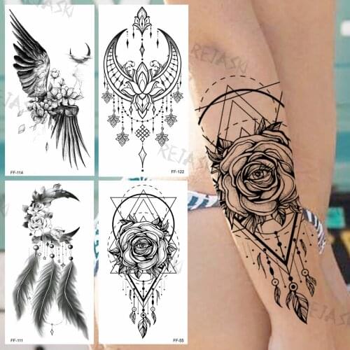 Black Geometric Rose Pendant Temporary Tattoos For Women Girls Realistic Wings Feather Peony Fake Tattoo Sticker Body Arm Tatoos