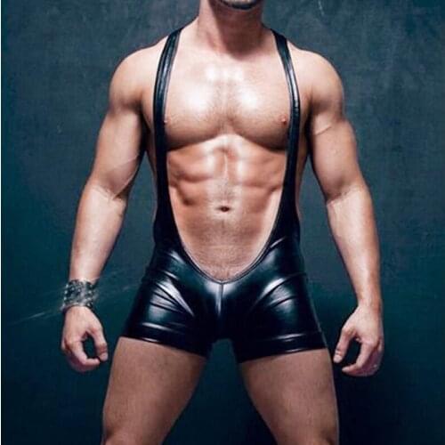 Stage performances pants mens bulge enhancing underwear sexy silky Siamese pants pouch tights Fuax Leather jumpsuit Wrestling