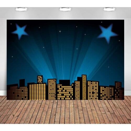 Cartoon City Night Scene Backdrop Superhero Background Mysterious Lights Shiny Stars Photography Background Boys Birthday Party
