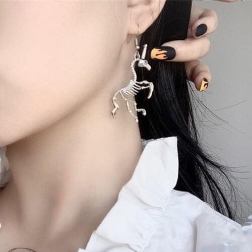 New Hip Hop Unicorn Skeleton Silver Color Dangle Earrings For Women Punk Cool Unique Skull Drop Earring Harajuku Trendy Jewelry