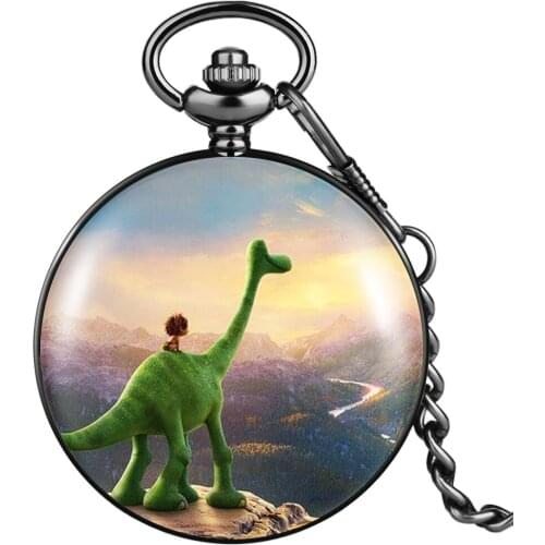 Exquisite Thick Chain Quartz Pocket Watch Boys Green Dinosaur Pattern Watch Girls Practical Pocket Watch Gifts Portable Pendant