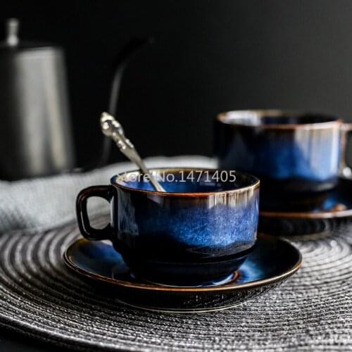 Ceramic Coffee Cup and Saucer Set Creative Breakfast Cup Afternoon Tea Japanese Simple Retro Blue Utensils