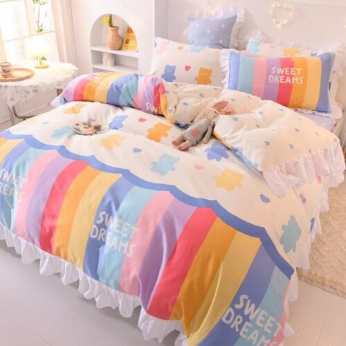 Kawaii Rainbow Bedding Set Cotton Twin Full Queen Size Strawberry Flower Hearts Cute Fitted Bed Sheet Pillowcases Duvet Cover