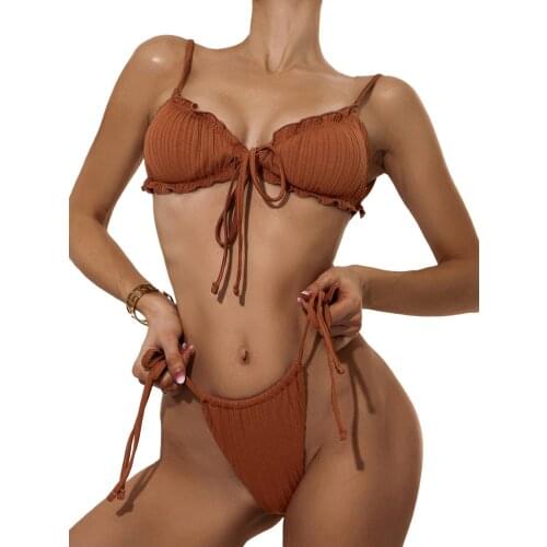 Summer Women Split Swimwear Set Solid Color Bikini with Ruffles+Lace-up Panties+See-through Mesh Cover Ups Swimsuit